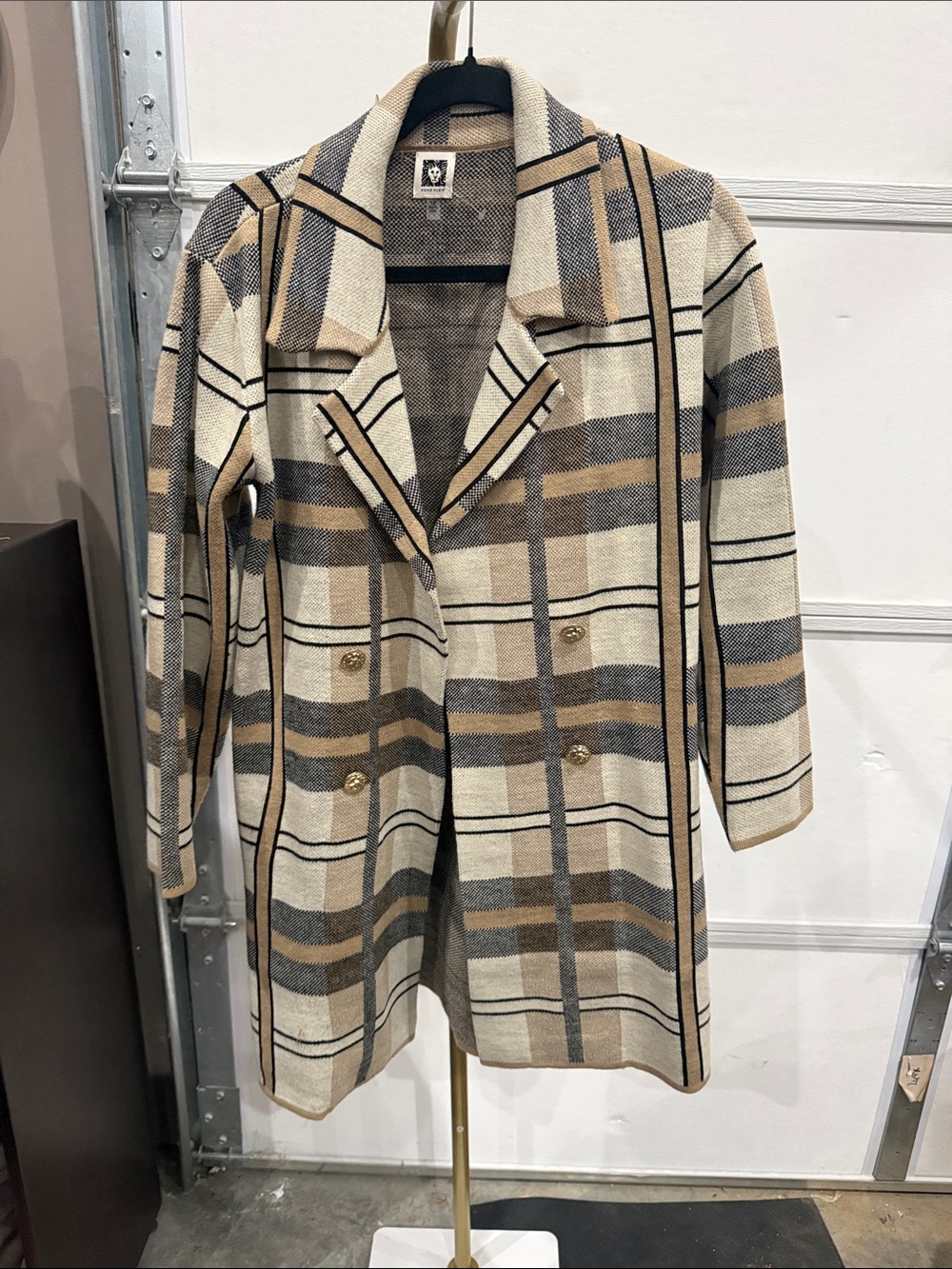 Anne Klein Plaid Double-Breasted Trench Coat in Beige, Gray and Tan